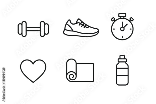 Fitness icon set: dumbbell, shoe, stopwatch, heart, mat, bottle