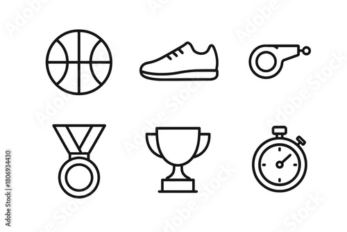 Outline icons of sports equipment: basketball, shoe, whistle, medal, trophy, stopwatch