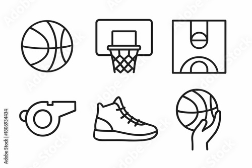 Basketball icons: ball, hoop, court, whistle, shoe, hand