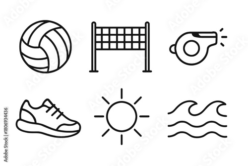 Beach volleyball equipment and symbols: ball, net, whistle, shoe, sun, waves