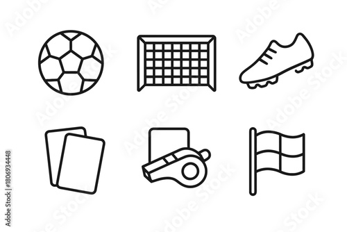 Outline icons of soccer ball, goalpost, cleat, cards, whistle, and flag