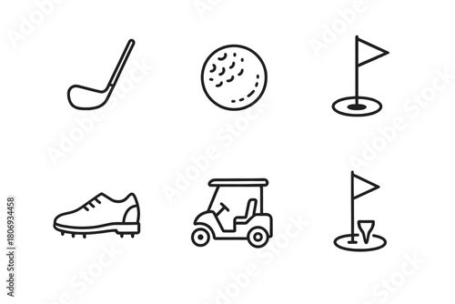 Minimalist golf icons set featuring club, ball, flag, shoe, cart, and hole