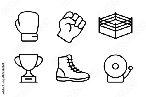 Boxing icons: glove, fist, ring, trophy, boot, bell - black outline set