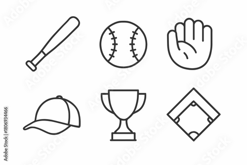Baseball equipment icons: bat, ball, glove, cap, trophy, field outline