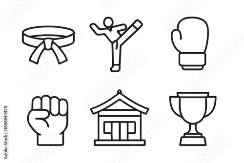 Martial arts icon set featuring belt, kick, glove, fist, dojo, trophy