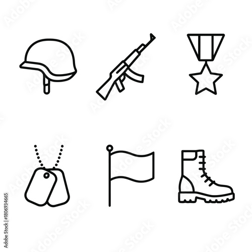 Military icon set: helmet, rifle, medal, dog tags, flag, boot