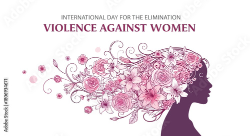 Elegant silhouette of a woman with floral hair celebrating International Day for the Elimination of Violence Against Women