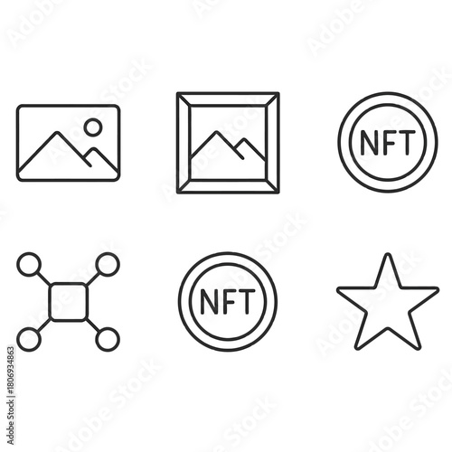 Nft icon set with image, token, network, and star designs