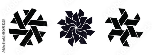 Abstract geometric rotational symbol, modern angular spiral shapes in black vector design.