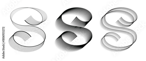 Abstract curved line ribbon shapes – modern halftone spiral s forms in black and white.