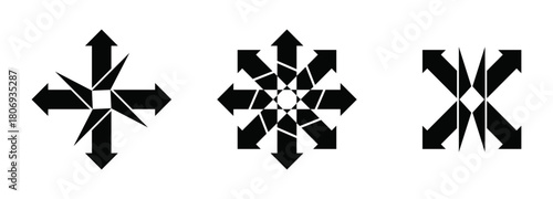 Geometric multi-direction arrow symbol set – abstract radial vector illustration icons.