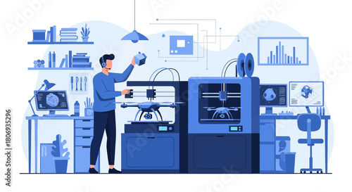 Innovative 3D printing workspace showcases additive manufacturing process with engineer presence