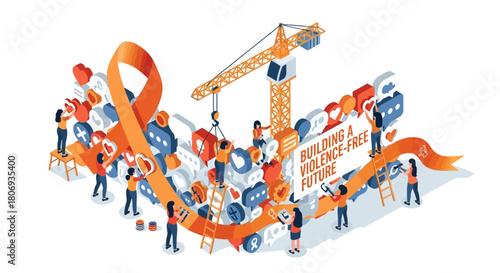 Join the Movement Building a Violence-Free Future Together with Support, Awareness, and Hope Featuring Volunteers and Construction Crane Concept