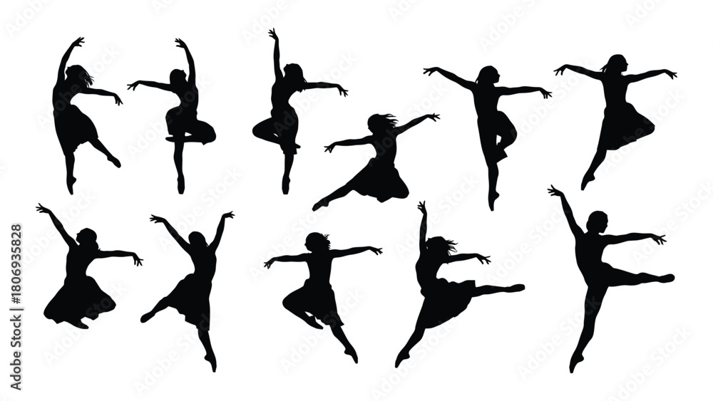 Fototapeta premium Dynamic dancer silhouettes collection isolated on white background, Vector
