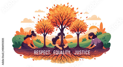 Three women planting roots of respect, equality, and justice together under vibrant autumn trees, a symbol of community and growth