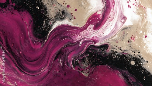 Abstract fluid art with swirling magenta black and gold paint.