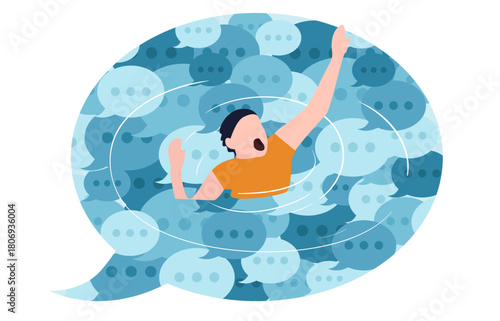 A person drowning in a sea of speech bubbles, symbolizing the overwhelming nature of online communication, information overload, or cyberbullying.