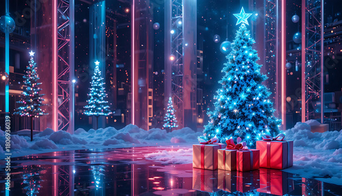 Festive Blue Christmas Tree with Gifts in Modern Snowy Holiday Scene