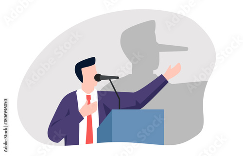 A speaker at a podium with a Pinocchio-like shadow behind them, symbolizing dishonesty or deception in a speech or presentation.