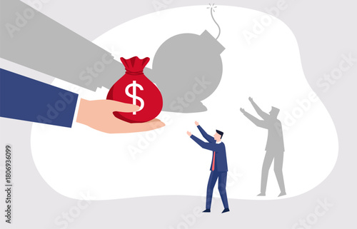 A hand offers a bag of money, but a looming bomb-shaped shadow suggests the risky consequences of accepting such a bribe.
