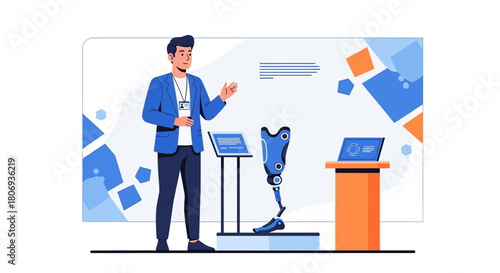 Innovative prosthetic limb showcase with presenter and interactive technology exhibit display