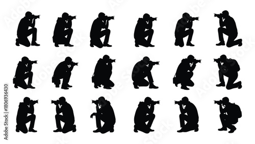 Crouching photographer silhouettes set isolated on white background, Vector