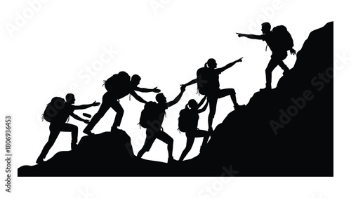 Teamwork mountain climbing silhouette isolated on white background, Vector