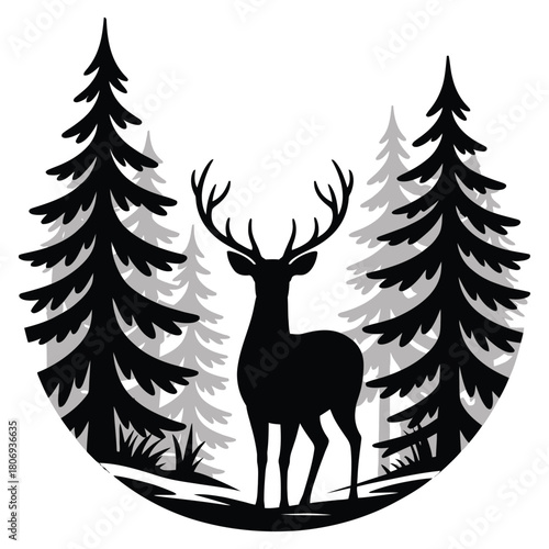 Konstfotografi Majestic Deer in Snowy Pine Forest Vector Illustration – Peaceful Winter Wildlif