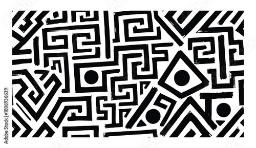 Geometric Maze of Patterns: An intricate arrangement of black lines intertwines on a stark, creating a visually stimulating labyrinth of shapes. 