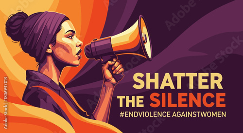 Woman using megaphone to shatter silence on violence against women, powerful message for social justice