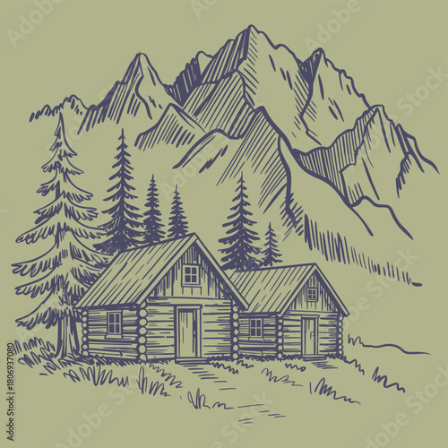 Mountain cabin hand drawing, pine trees forest and mountain peaks in the background, vector illustration, rustic nature landscape, cozy cabin scene, outdoor scenery, forestry and alpine environment