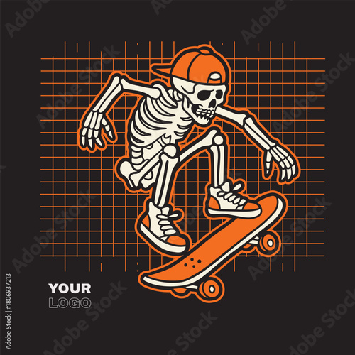 vintage t shirt design the skull prepares to make the jump skateboard illustration
