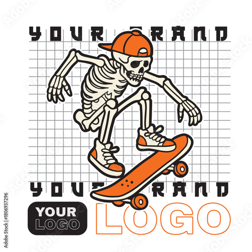 vintage t shirt design the skull prepares to make the jump skateboard illustration
