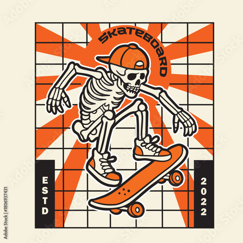 vintage t shirt design the skull prepares to make the jump skateboard illustration
