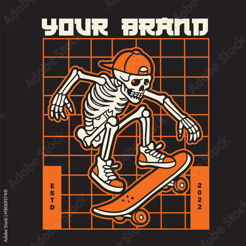 vintage t shirt design the skull prepares to make the jump skateboard illustration
