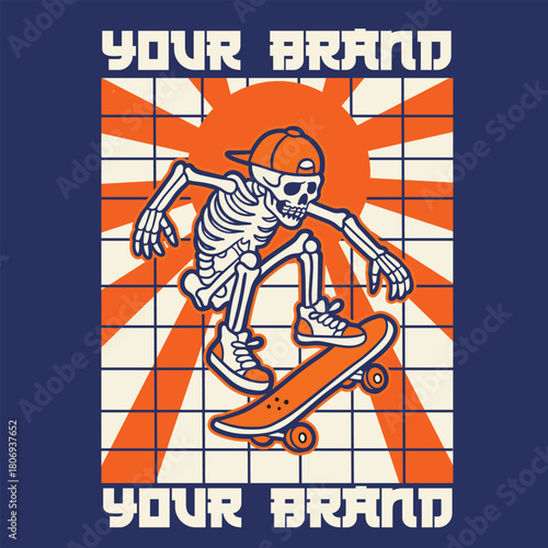 vintage t shirt design the skull prepares to make the jump skateboard illustration
