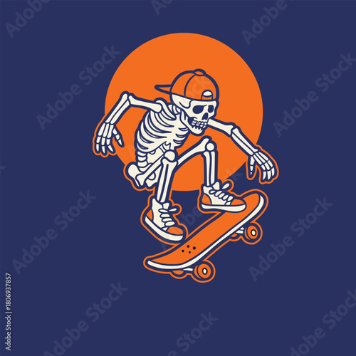vintage t shirt design the skull prepares to make the jump skateboard illustration
