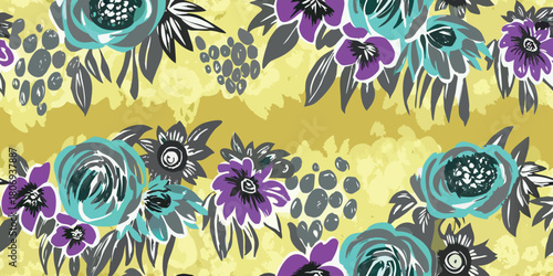 Vibrant abstract floral pattern with teal purple and grey flowers on a mustard yellow background