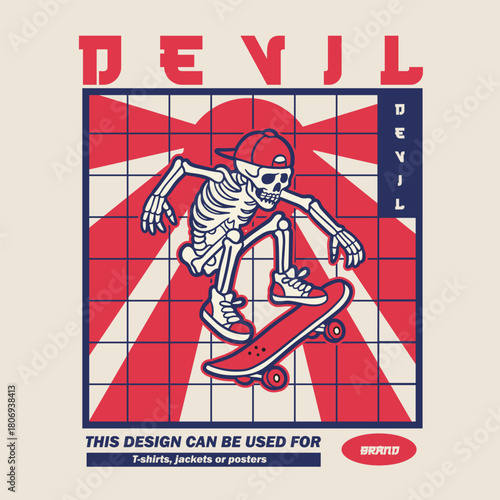 vintage t shirt design the skull prepares to make the jump skateboard illustration
