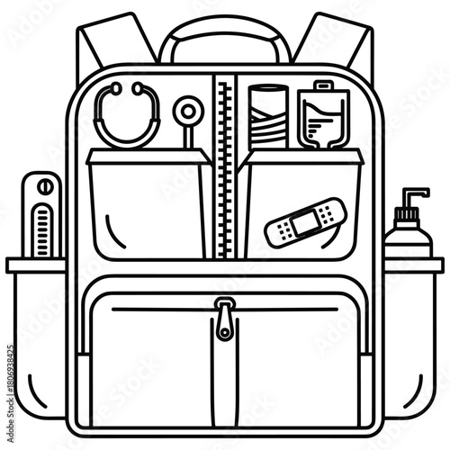 First aid backpack with medical supplies outline illustration