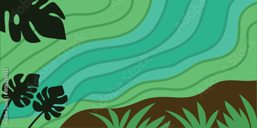 Abstract flowing river through lush green landscape with tropical leaves