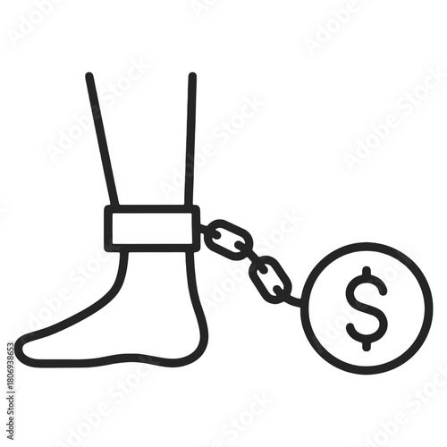 Debt shackle icon showing foot chained to money weight  representing financial debt, money pressure, and economic restriction