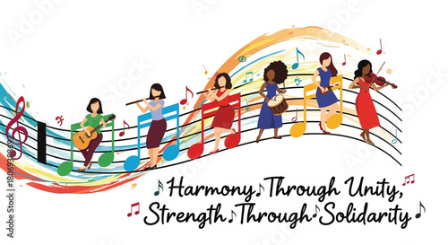 Diverse women musicians playing instruments together, creating beautiful music, showcasing unity and strength through solidarity