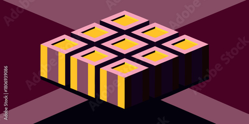 Abstract geometric isometric cube made of stacked blocks with yellow tops on a dark background