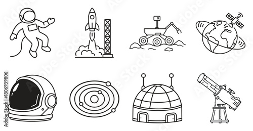 A collection of simple line drawings depicting various elements of space exploration including an astronaut, rocket, rover, and telescope.