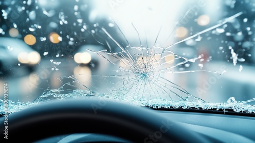 View from car interior of a broken windscreen. Concept of safe and careful driving in winter.