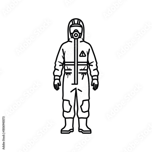 Line art drawing of a person wearing full protective hazmat suit.