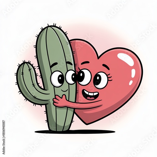 A cute cactus and a heart character sharing a joyful hug, symbolizing friendship and love in nature.