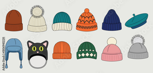 Winter hats including wool caps, knitted beanies, and earflap hats for men, women, and children, ideal for cold weather clothing designs.

