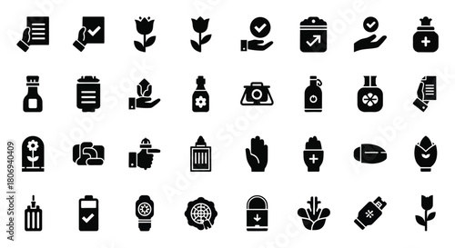 Collection of black silhouette icons representing gardening health and personal care